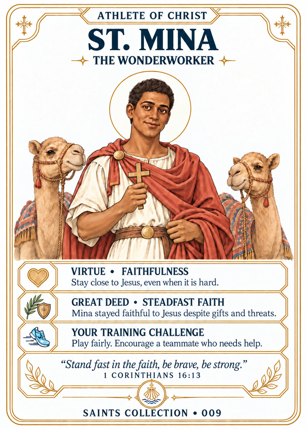 Athlete of Christ card 009: St. Mina with a gold halo, a small cross and two camels, in light colours inspired by Coptic icons.