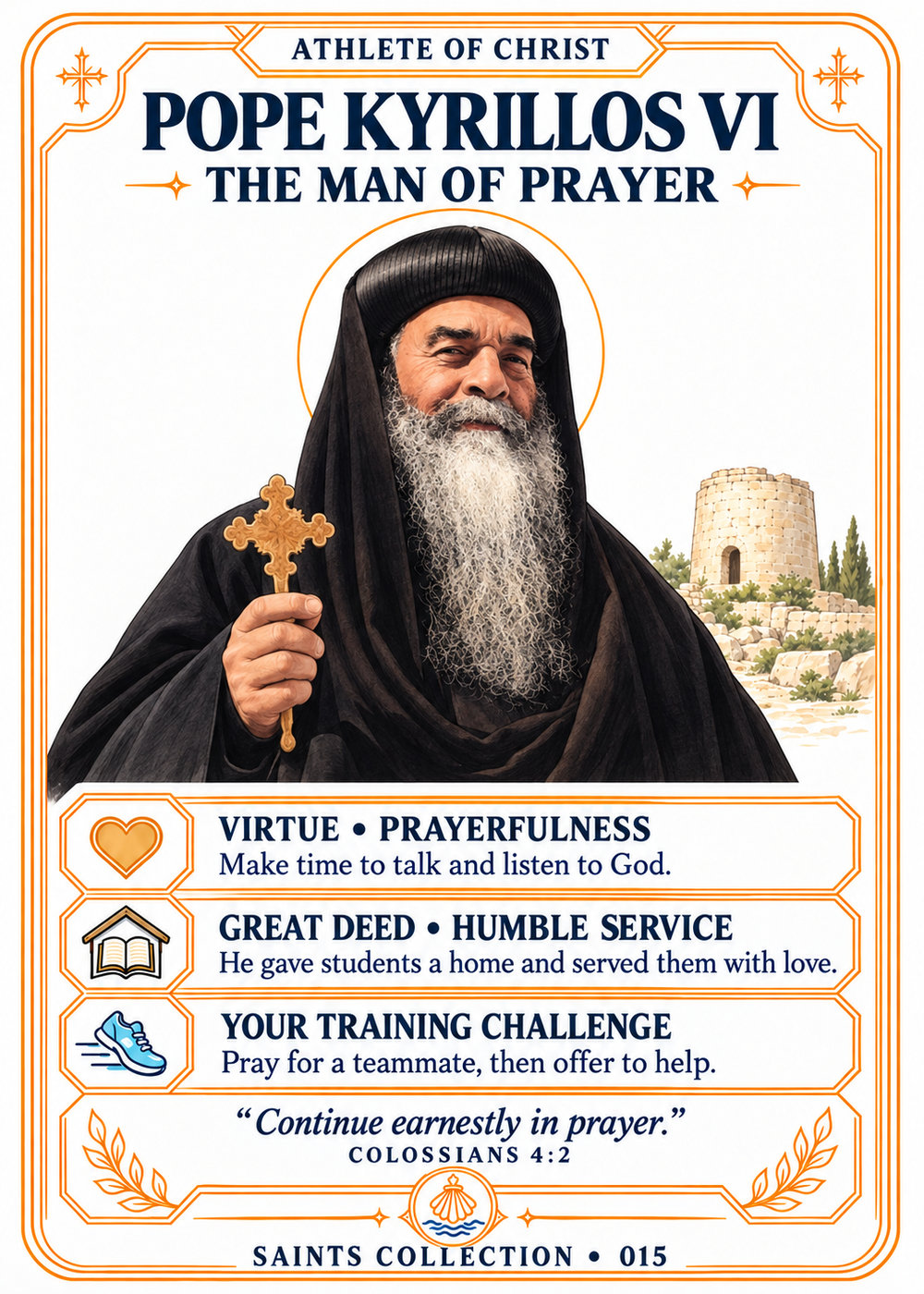Pope Kyrillos VI with his distinctive face and long grey-white beard, wearing plain black robes and head covering and holding a wooden Coptic cross. No chain or pendant.