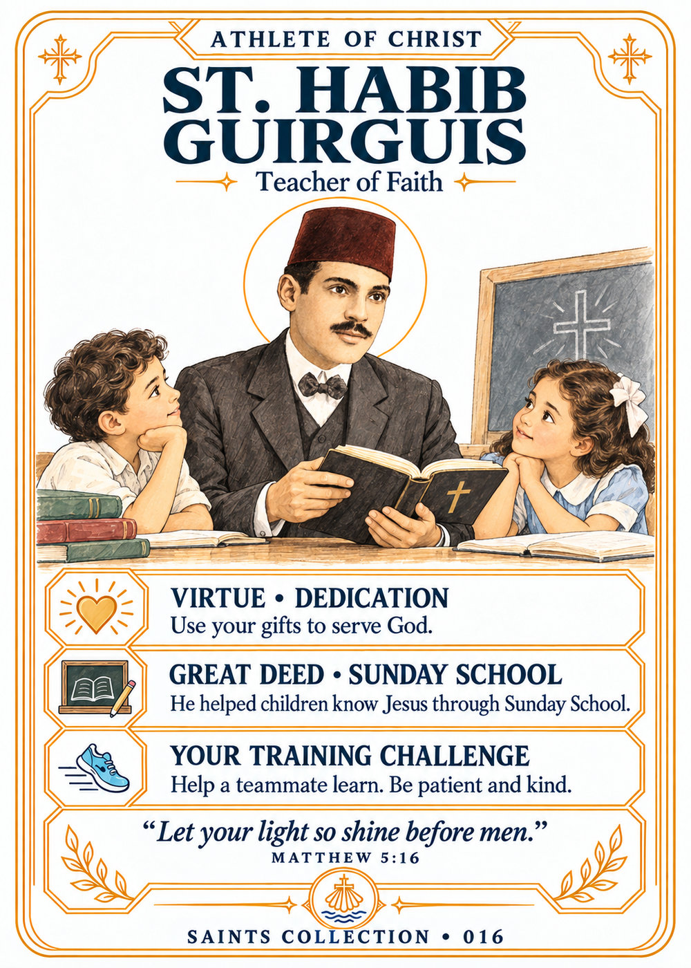 St. Habib Guirguis in a fez and suit, with his distinctive moustache, teaching two children from an open Bible.
