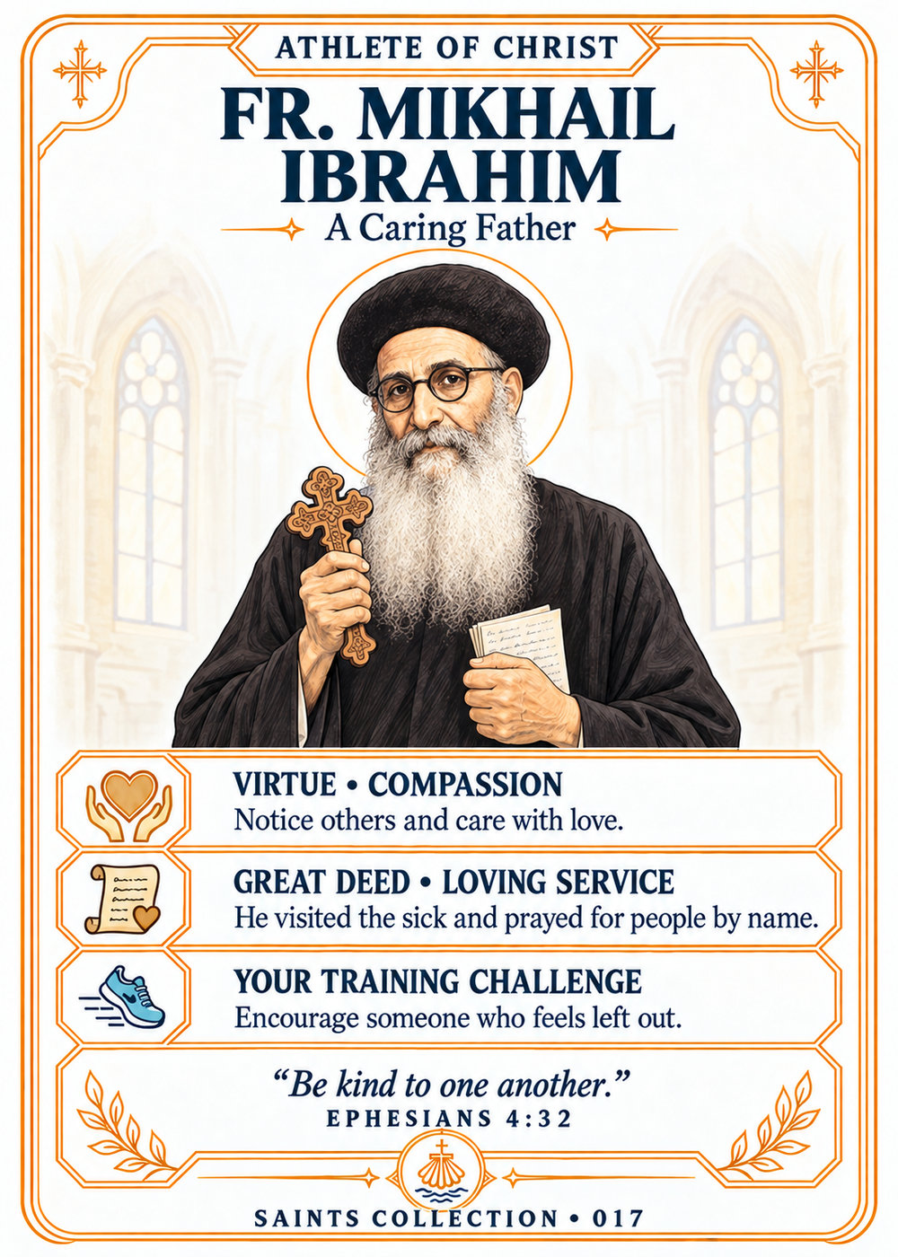 Fr. Mikhail Ibrahim with round glasses, a long white beard and simple black priest clothing, holding a wooden cross and prayer list.