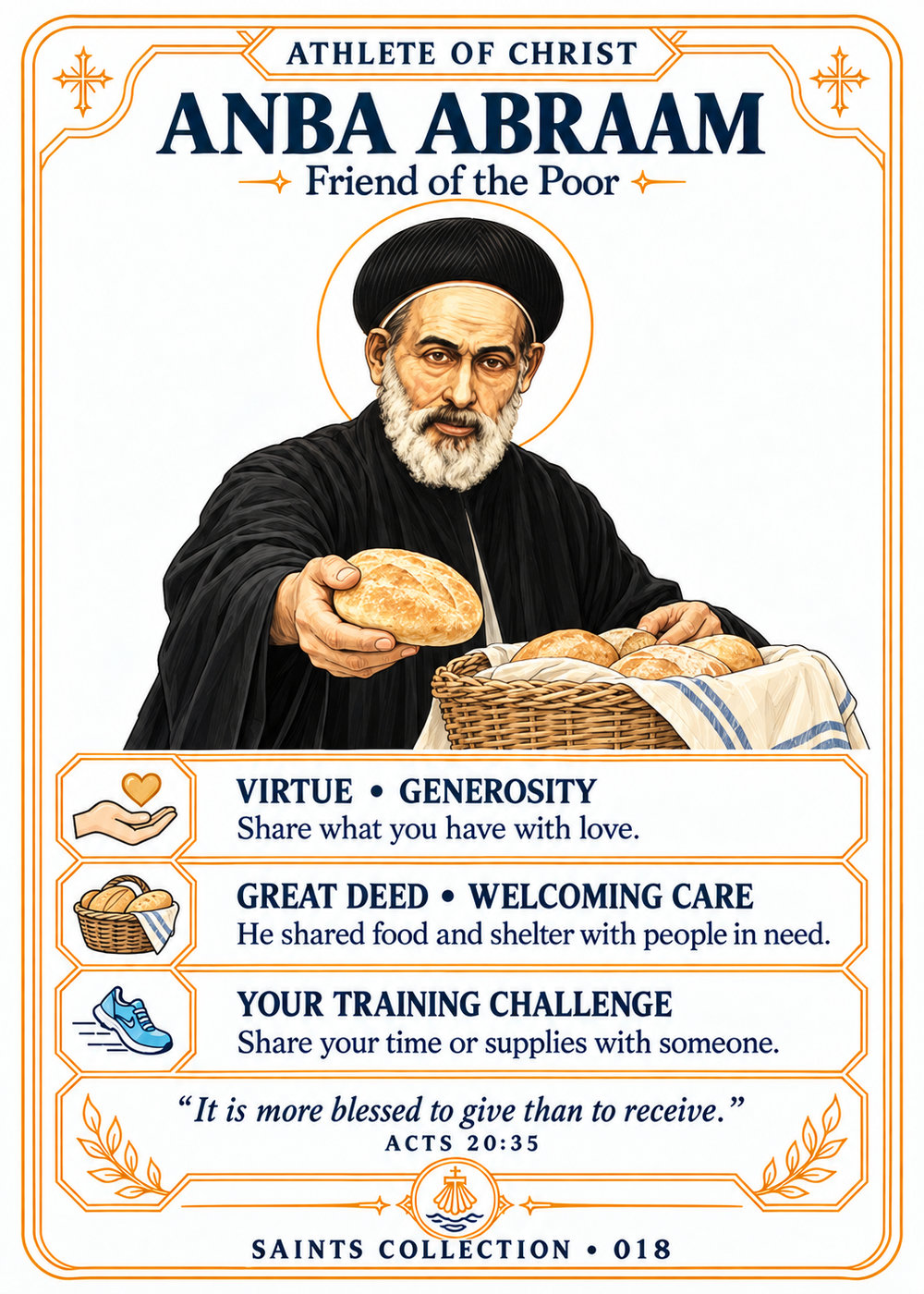 Anba Abraam, with a short grey beard and simple black clothing, offering bread from a basket.