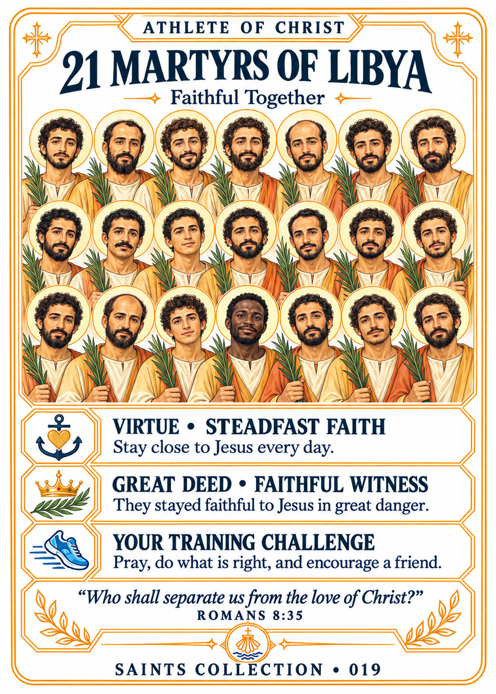 Peaceful Coptic-inspired illustration of all 21 Martyrs of Libya in three rows of seven, with halos and palm branches.