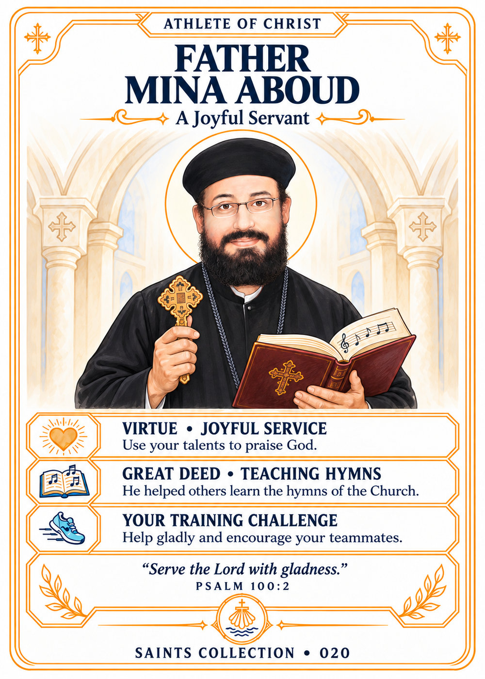 Father Mina Aboud with rectangular glasses, a black beard and simple black priest clothing, holding a cross and hymn book.